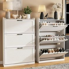 a white shoe rack with several pairs of shoes on it next to a dresser in a living room