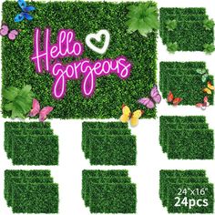 the word hello gorgeous surrounded by grass with butterflies on top and below it is an image of