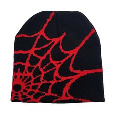 a black and red beanie with spider webs on the front, against a white background