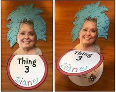 two pictures of a woman holding a thing 3 wine sign with the words thing 3 and thing 3 written on it