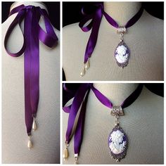 Purple Cameo!An intricate and very detailed purple cameo attached to a purple satin ribbon....Can be tied at the side or nape of neck.....Teardrop pearls are attached to the ends of the ribbon....The perfect bridal accessory....it also would make the perfect birthday or Christmas gift for that very special lady or teen!Please select if you would like this item gift wrapped....I will also include a quality card with your special message...Thank you for taking time to browse my shop “Veronica Rose Adjustable Ribbon Wedding Jewelry, Elegant Wedding Choker With Ribbon, Elegant Wedding Ribbon Choker, Elegant Purple Wedding Choker, Ribbon Choker Necklace For Weddings, Gothic Purple Jewelry For Formal Occasions, Purple Gothic Jewelry For Formal Occasions, Adjustable Gothic Style Necklace For Wedding, Adjustable Gothic Style Necklaces For Wedding