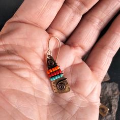 Bohemian Multicolor Brass Earrings, Handmade Bohemian Copper Earrings, Multicolor Brass Earrings For Festivals, Handmade Multicolor Copper Earrings, Multicolor Brass Beaded Earrings For Festival, Handmade Copper Beaded Earrings For Festival, Artisan Multicolor Brass Earrings, Brass And Copper, Earth Art