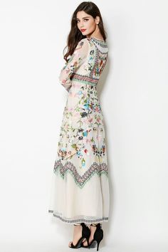 Embroidery Flowers Long Sleeve Ankle-length Dress       size   US size   bust    waist    sleeve    length      S  2  86     68    52   133       M  4-6  90     72    53    134      L  8   94    76    54    135      XL  10   98   80     55    136          Description Embroidery Flower Dress, Pattern Outfits, Ankle Length Dress, Flower Print Dress, Lovely Clothes, Looks Chic, Embroidery Dress, Guest Outfit, Flower Dresses