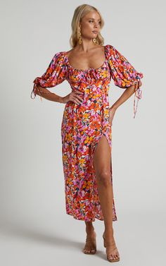 Rosario Midi Dress - Ruched Bust Puff Sleeve Dress in Spring Floral | Showpo USA Holiday Aesthetic, Summer Formal, Orange Hues, Maternity Outfits, Wardrobe Accessories, Going On A Date, Puff Sleeve Dress, Dinner Dress, Wedding Outfits