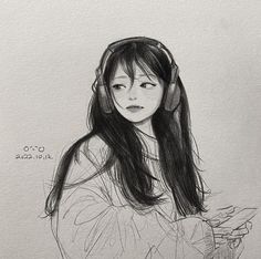 a drawing of a girl with headphones on