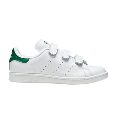 Find ADIDAS Stan Smith Cf ' Green on Editorialist. The Stan Smith CF applies a comprehensive revision to the silhouette while maintaining its basic design DNA. The shoe swaps out the laces for a trio of adjustable Velcro straps, built with the same white leather that forms the minimalist upper. It’s presented here in the OG white colorway, with contrasting green on the tongue and heel tab. Basic Design, Velcro Straps, Mens Shoes Sneakers, White Leather, Men's Shoes, Top Brands, Shoes Sneakers, Adidas, Luxury Fashion