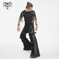 Introducing our Men's Punk Unedged Faux Leather Splice Flared Pants, a daring and stylish addition to your punk wardrobe. These pants are meticulously designed to embody the essence of punk fashion with their unique features and edgy detailing. 
 
The standout feature of these pants is their distressed unedged design, which adds a rugged and rebellious charm. The faux leather patchwork further enhances the pants'?punk aesthetic, creating a striking contrast and adding depth to the overall look. Black Grunge Pants For Festival, Black Punk Pants For Halloween, Punk Style Bottoms For Concerts And Halloween, Punk Bottoms For Halloween Concert, Punk Bottoms For Concerts And Halloween, Edgy Halloween Concert Bottoms, Black Rocker Style Leather Pants For Alternative Fashion, Gothic Black Bottoms For Festival, Grunge Pants For Halloween Alternative Fashion