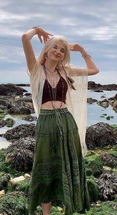 Outfit Ideas Island, Fantasy Island Clothing, Bohemian Outfit Inspiration, Hippy Aesthetic Clothes, Modern Fantasy Clothing Casual, Feywild Aesthetic Clothes, Nature Clothing Aesthetic, Druid Aesthetic Clothing Dnd, Green Fairy Dress Aesthetic