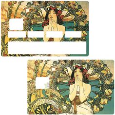 two postcards with an image of a woman on the front and back of them