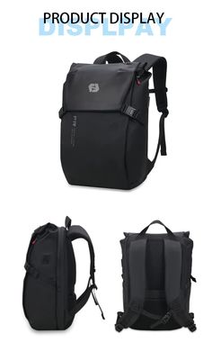 the back and side view of a black backpack