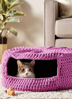 a cat sitting in a pink crocheted bed on the floor next to a couch