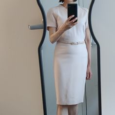 Great Condition Belt Is Worn. Made In Italy Light Pink Model 5"3 26" Waist Feminine Fitted Office Dress, Feminine Sheath Dress For Office, Elegant Fitted Daywear Dresses, Elegant Fitted Dresses For Daywear, Feminine Sheath Midi Dress For Office, Feminine Sheath Dress For Workwear, Feminine Sheath Dress For Daywear, Pink Model, Work Dress