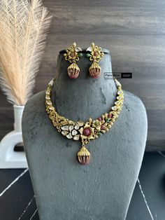 Dainty Multicolor Real Kemp Stone Cz Stone Flower necklace set. American Diamond Necklaces, Oxidized Necklace, Polki Necklace, Western Earrings, Ethnic Earrings, Kundan Necklaces, American Diamond, Silver Foil, Acrylic Earrings