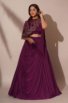 Purple Pre-draped Saree For Wedding, Festive Draped Art Silk Sets, Draped Party Sets With Pallu, Traditional Drape Sets For Evening Festivals, Designer Art Silk Draped Set, Art Silk Evening Sets For Diwali, Party Lehenga For Diwali With Draped Shape, Draped Lehenga For Diwali Party, Evening Art Silk Sets For Diwali