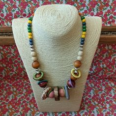 Multicolored Beaded Necklace With Unique Ring Accents. Handmade By Me, One Of A Kind. Adjustable Yellow Necklaces With Wooden Beads, Adjustable Yellow Necklace With Wooden Beads, Adjustable Yellow Wooden Beads Necklace, Artisan Yellow Necklaces With Wooden Beads, Artisan Yellow Necklace With Wooden Beads, Artisan Yellow Beaded Necklace With Wooden Beads, Yellow Wooden Beads For Jewelry Making, Yellow Wooden Beaded Necklaces For Beach, Yellow Artisan Necklace With Large Beads