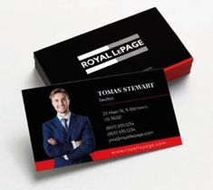 a black and red business card with a man in a suit on the front is shown