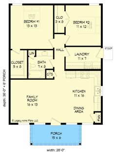 the floor plan for a two bedroom, one bathroom apartment with an attached garage and laundry room