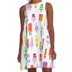 Loose-fit, mid-length sleeveless dress with silky handfeel. Printed on both sides. Machine washable. Size range XS-2XL. I painted these watercolor Popsicles on a beautiful summer day and I still love how colorful and random they are. This pattern would be fun for an ice cream parlor, a beach house, a summer cabin, or even just your own back porch. Multicolor Knee-length Sleeveless Summer Dress, Multicolor Sleeveless Knee-length Summer Dress, Multicolor A-line Midi Summer Dress, Multicolor A-line Sleeveless Summer Dress, Colorful Sleeveless Summer Dress For Vacation, Colorful Sleeveless Mini Dress For Summer, Summer Multicolor A-line Dress, Multicolor A-line Summer Dress, Multicolor Knee-length Summer Mini Dress