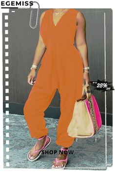 Fashion Casual Solid Pocket V Neck Sleeveless Regular Jumpsuits Sleeveless Summer Leisure Jumpsuits And Rompers, Sleeveless Summer Jumpsuits And Rompers For Leisure, Sleeveless Jumpsuits And Rompers For Leisure, Sleeveless Orange Jumpsuits For Summer, Summer Orange Sleeveless Jumpsuits And Rompers, Sleeveless Stretch Jumpsuits And Rompers For Leisure, Casual Orange Jumpsuits And Rompers For Spring, Casual Strapless Jumpsuit With Pockets For Summer, Orange Summer Overalls Jumpsuit