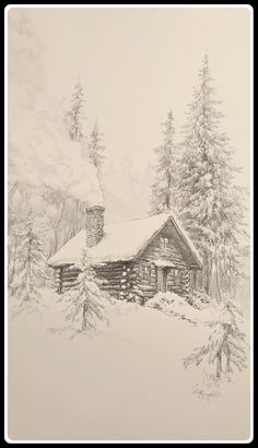 a pencil drawing of a cabin in the woods with snow on the ground and trees