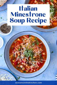 two bowls of italian minestone soup with parmesan cheese and herbs on the side