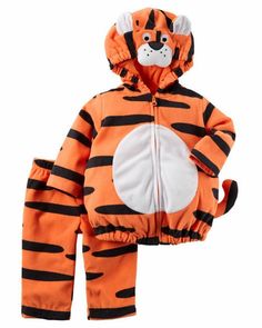 a small child's orange and black tiger outfit with hoodie, pants and headband