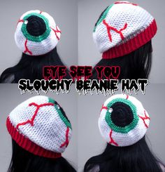 three pictures of a woman wearing a knitted hat with an eyeball on it