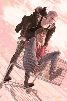 two people sitting in a shopping cart with one person on the other's back