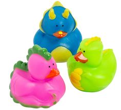 three rubber ducks in different colors on a white background