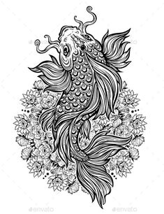 a black and white koi fish with flowers on it's head - animals characters