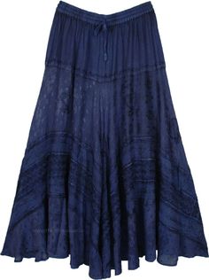 A beautiful deep blue long skirt in rayon. It has the perfect ensemble of delicate embroidery. #tlb #Embroidered #Misses #MaxiSkirt #bohemianfashion #RenaissanceSkirt #Rayonlongskirt #costumeskirt Western Long Skirt, Blue Long Skirt, Whimsical Gothic, Long Blue Skirts, Skirt Costume, Western Skirts, Blue Maxi Skirt, Squirrel Girl, Blue Clothing