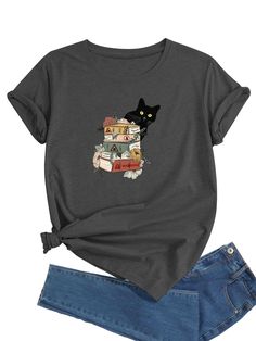 PRICES MAY VARY. Material - This women's cat book graphic T-shirt is made of Polyester Rayon Spandex, which is breathable, elastic, lightweight, comfortable, soft and skin-friendly, provide you a pleasing wearing experience all day. Features - Cat book floral graphic design makes a great gift for cats and book lover readers. Women's graphic tees, women's t shirts graphic book cat flower, women's t shirts graphic cat with book, short sleeves, solid colors and prints. Matching - Women's t shirts g Tshirt For Women Casual, Goblin Clothes, Tired Person, Cat Tee Shirts, Book Graphic, Cat Book, Graphic Book, Summer Graphic Tee, Shirts Graphic