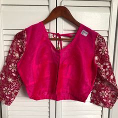 Front Of The Blouse Is Pink , Back And Sleeve Is Net And Embroidered,,Really Pretty With Saree Or Lehenga Choli .. Diwali Embroidered V-neck Blouse, Festive Long Sleeve Blouse With Chikankari Embroidery, Embroidered V-neck Top For Navratri, Long Sleeve Blouse With Resham Embroidery For Navratri, Navratri Long Sleeve Blouse With Floral Embroidery, Long Sleeve Blouse With Floral Embroidery For Navratri, Embroidered Long Sleeve Blouse For Navratri, Long Sleeve Tops For Navratri Festival, Long Sleeve Tops For Navratri Festive Season