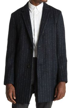 Luxury Striped Outerwear With Notch Lapel, Luxury Pinstripe Outerwear With Notch Lapel, Winter Formal Pinstripe Outerwear, Winter Pinstripe Formal Outerwear, Elegant Striped Notch Lapel Outerwear, Elegant Pinstripe Fall Outerwear, Elegant Striped Outerwear For Business Casual, Elegant Striped Pattern Outerwear For Business Casual, Elegant Pinstripe Winter Outerwear