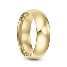 a yellow gold wedding ring with domed surface on the outside and inside, set against a white background