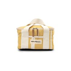 a yellow and white striped lunch bag on a white background with the words, made in germany