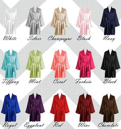 the different types of robes are shown in multiple colors and font options for each robe