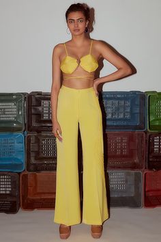 Lemon Yellow Micro Pants Design by Nirmooha at Pernia's Pop Up Shop 2023 Cording Fabric, Jacket Belt, Crop Top Jacket, Pant For Women, Types Of Work, Luxury Sale, Pattern Embroidery