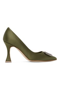 Green Floritanuhi Heels by Manolo Blahnik on Sale Manolo Blahnik Green, Satin Heels, Dark Khaki, Designer Heels, Moss Green, Green Gold, Manolo Blahnik, Green And Gold, Patch Logo