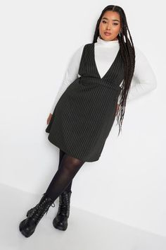 Shop LIMITED COLLECTION Curve Black Pinstripe Pinafore Dress at Yours Clothing. Discover women’s plus size clothing in sizes 10-36 with fast delivery. Jumper Dress Plus Size, Plus Size Pinafore, Pinafore Dress Outfit, Winter Styling, Work Fits, Pinstriping Designs, Curve Fashion, Turtle Neck Jumper, Tights And Boots