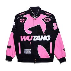 Souvenir Jacket Black & Pink – Wu-Tang Clan Shop Pink Cotton Outerwear For Streetwear, Winter Cotton Varsity Jacket With Stand Collar, Retro Cotton Outerwear For Streetwear, Urban Style Pink Cotton Outerwear, Pink Cotton Urban Outerwear, Spring Varsity Jacket With Stand Collar For Streetwear, Winter Cotton Varsity Jacket With Button Closure, Spring Streetwear Varsity Jacket With Stand Collar, Winter Cotton Track Jacket With Stand Collar