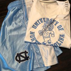 Specify If You Want To Purchase Both Or Individual Item In Comments Shirt $20 Adult Small Shorts $15 Kids Large University Is North Carolina Unc College Chapel Hill Blue Moisture-wicking Tops For Playwear, White Casual Shorts For School, Casual White Shorts For School, White Moisture-wicking Tops For Playwear, Unc College, College Football Game Outfit, Chapel Hill North Carolina, Unc Chapel Hill, College Football Games