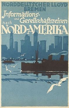 an old poster with birds flying over the water in front of a cityscape