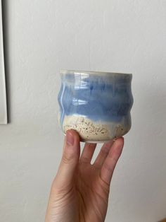 a hand holding a blue and white ceramic bowl