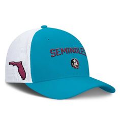 Complete your Florida State Seminoles game day look with this Trucker Adjustable Hat from Nike. This hat features an embroidered team logo and lettering across the front panels, making a bold statement for any Florida State fan. The four mesh mid and rear panels provide a breezy feel, ensuring you stay cool and comfortable whether you're cheering in the stands or soaking up the sun outdoors. Blue Collegiate Fitted Hat For Game Day, Blue Collegiate Hat For Game Day, Game Day Trucker Hat With Embroidered Logo, Blue Sports Fan Snapback Hat For Game Day, Blue Snapback Hat For Sports Fans On Game Day, Blue Snapback Hat For Game Day, Collegiate Blue Snapback Hat For Game Day, Collegiate Hats With Letter Patch For Game Day, Team-colored Hats With Embroidered Logo For Game Day