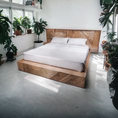 a large bed sitting in the middle of a room with potted plants on either side