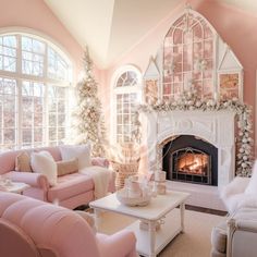 a living room filled with furniture and a fire place in front of a window next to a christmas tree