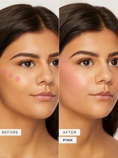 Lightweight liquid blush for a satin flush with a plumping effect! Creative Blush Makeup, Liquid Blush Placement, Oval Face Blush, How To Apply Highlighter, Heavy Blush, Where To Apply Blush, Light Pink Makeup, Blush Placement, Blush Tips