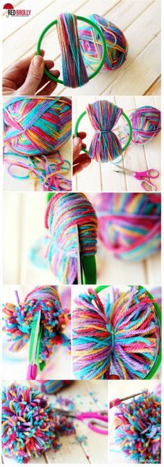 yarn is being made with scissors and yarn on the table, while it's colorfully colored