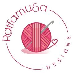 a pink ball of yarn and knitting needles on a white background with the words rohanusa designs